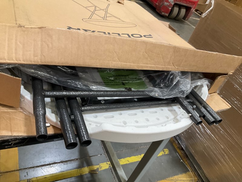 Condition photo showing Good Condition for cocktail table 28in portable folding bar height table, compact round high top plastic & steel bistro with removable legs, for indoor outdoor rv patio catering parties commercial events-white