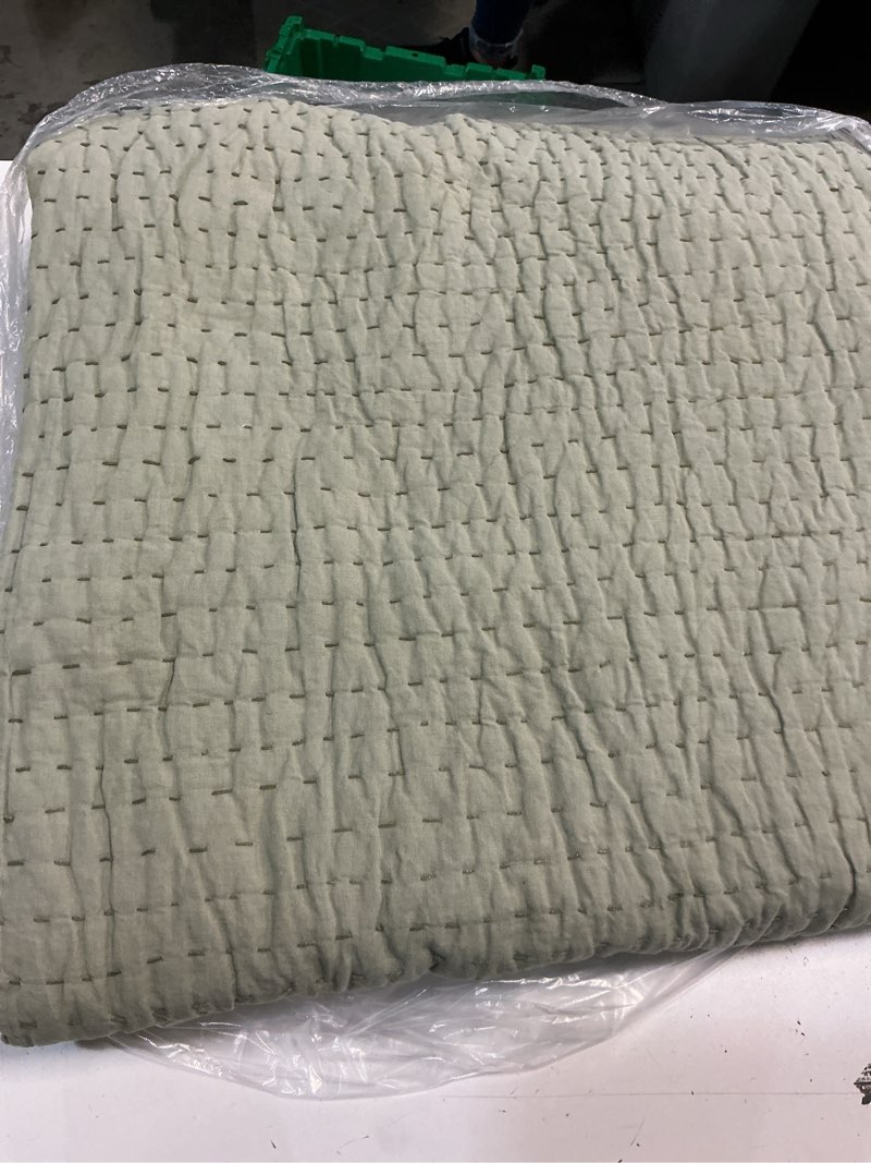 Condition photo showing As Is for quince european linen cotton stitch quilt set, king/cal king, willowleaf