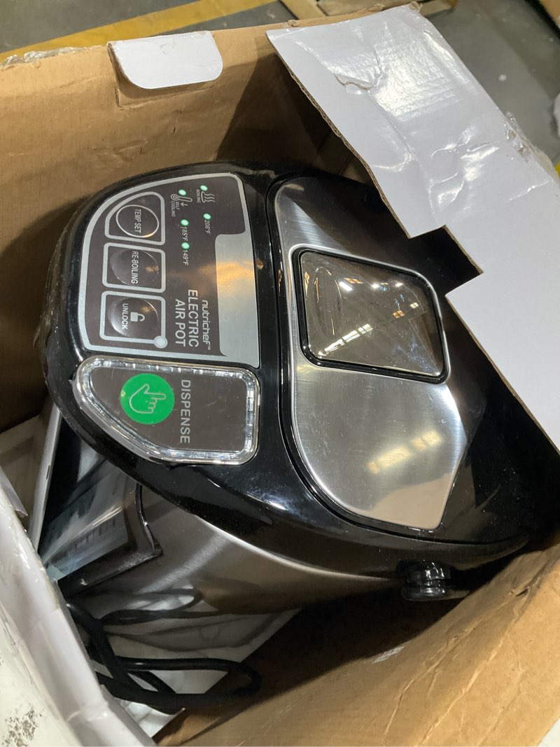 Condition photo showing As Is for NutriChef Electric Water Boiler and Warmer - 5L/5.28 Qt Stainless Steel Hot Water Dispenser w/Rotating Base, Keep Warm Temperature Set, Auto Shut Off, Safety Lock, Instant Heating for Coffee & Tea 5.3 Quarts