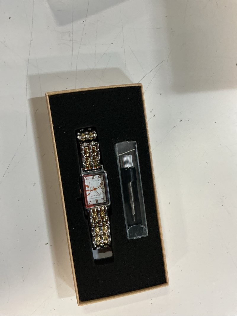 Condition photo showing Good Condition for gold watches for women with vintage rectangular case,white roman dial,stainless steel band,adjustment tool included,water resistant silver- gold