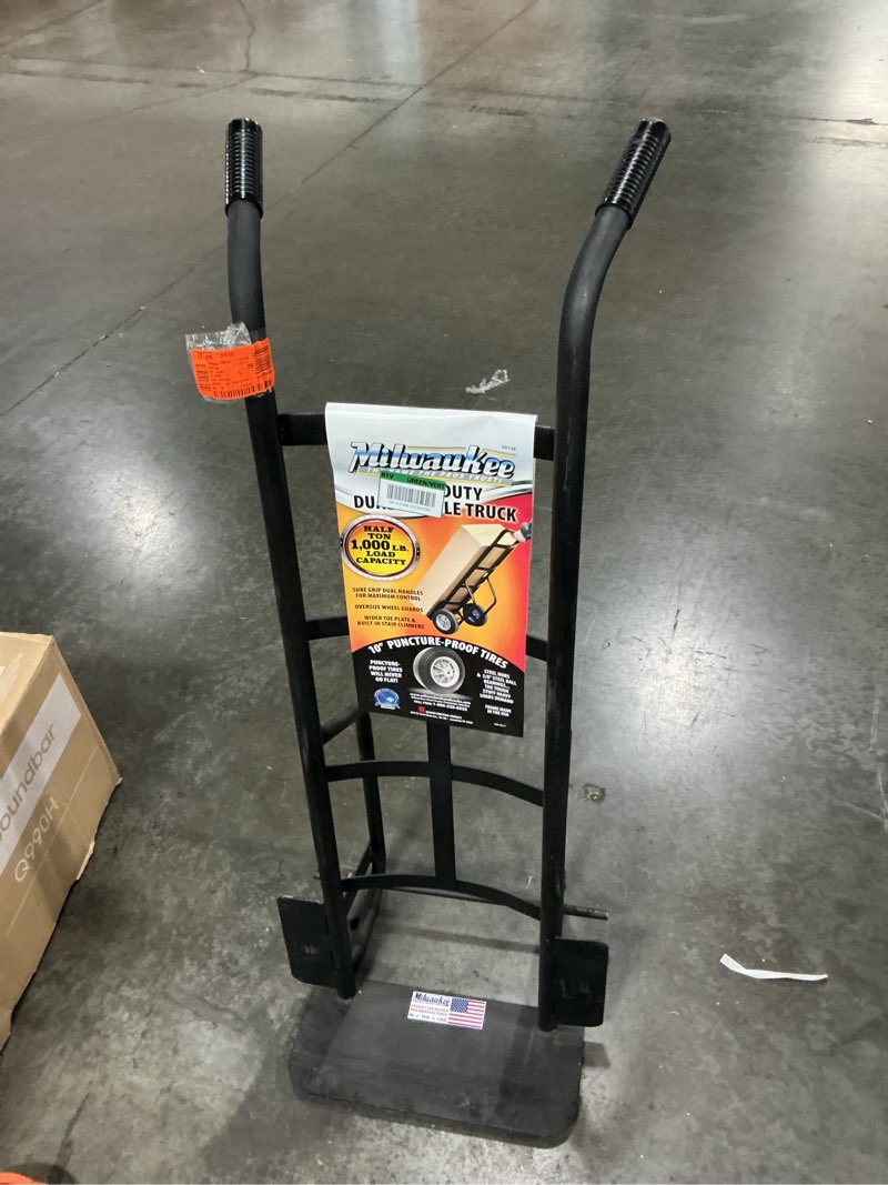 Condition photo showing As Is for questions and answers for milwaukee 1,000 lbs. capacity dual-handle hand truck