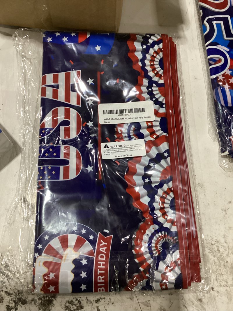 Condition photo showing New/Like New for yvaine 3 pcs usa 250th anniversary tablecloths, 4th of july disposable table decorations usa 250 years patriotic plastic waterproof rectangle table cover for 2026 independence day party supplies