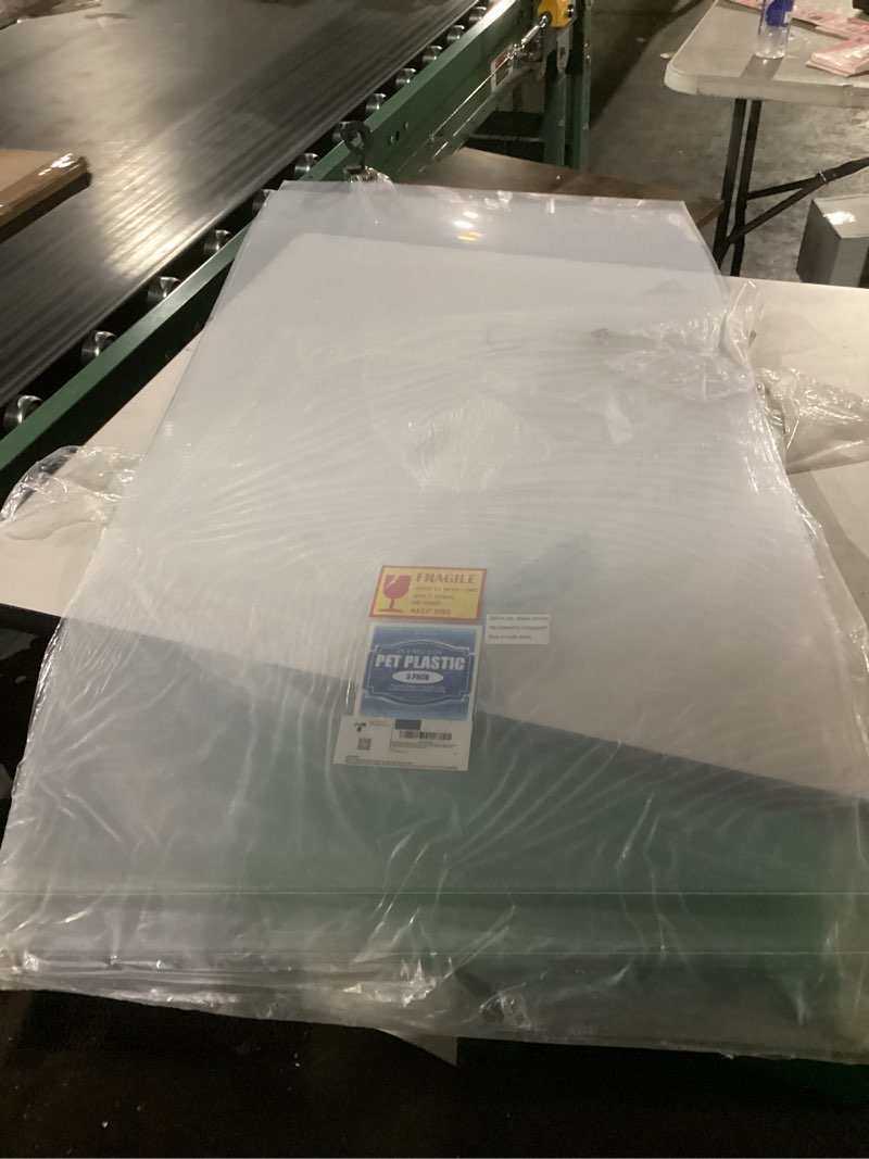 Condition photo showing Good Condition for 3 Pack PET Sheet Panels - 24" x 48" x 0.04" Plexiglass - Quality Lightweight and Shatterproof Glass Alternative Perfect for DIY Sneeze Guards, Face Shields, Railing Guards, and Pet Barriers. 24x48", 0.04"(1mm)Thick 3