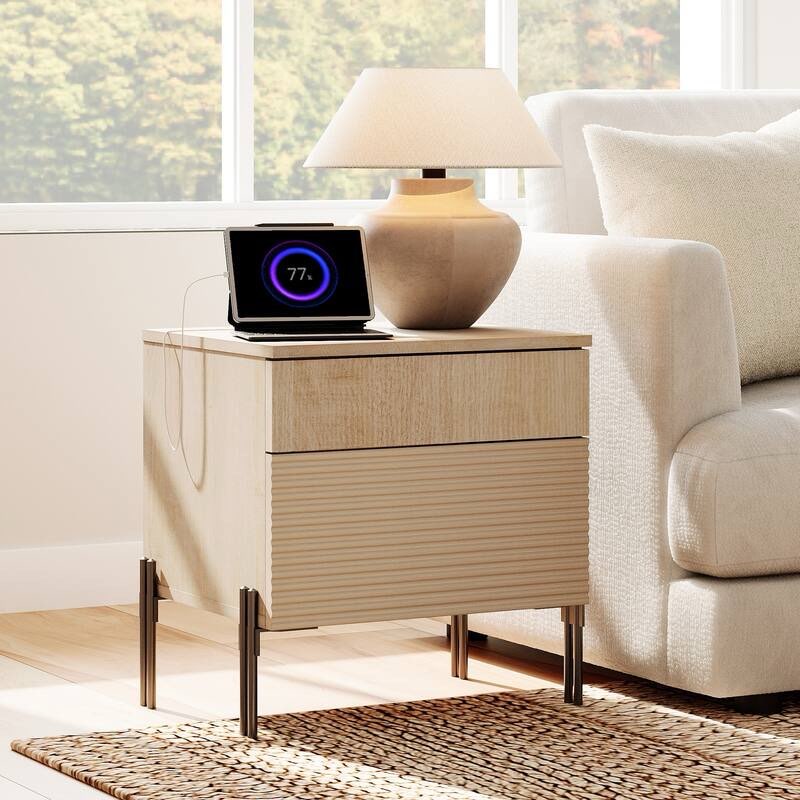 Fluted Nightstand with Charging Station,Modern Side Table with 2 Drawers
