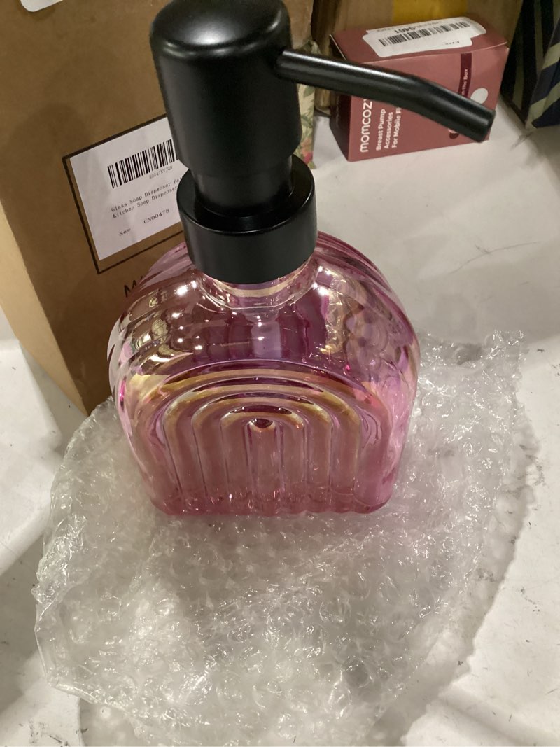 Condition photo showing New/Like New for glass kitchen soap dispenser bathroom, 9 oz, refillable liquid modern soap dispenser for hand soap, lotion dispensers bottle - home, commercial countertop decor. (pink)