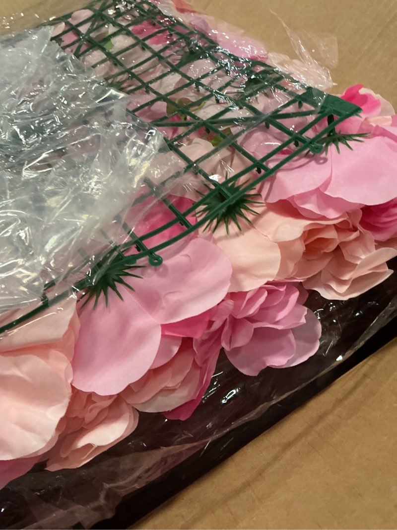 Condition photo showing Good Condition for tigeen flower wall panels 3d silk rose floral decorative faux flower wall background for wedding home decoration background shop party photo arrangement(pink, white,15 x 15 inch)