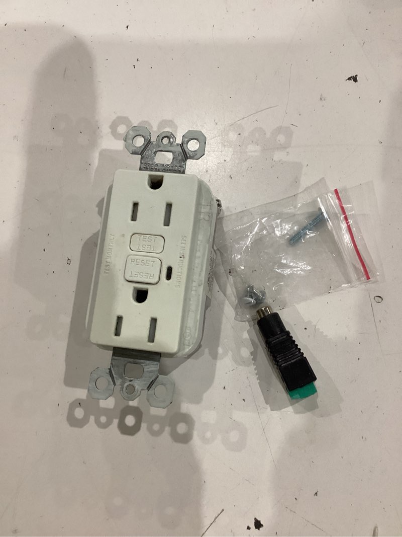Condition photo showing As Is for leviton gfci outlet, 20 amp, self test, non tamper-resistant with led indicator light, protection from electric shock and electrocution, gfnt2-w, white