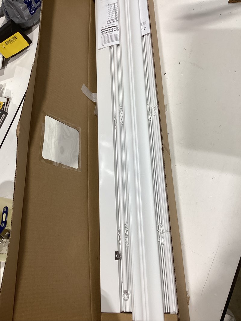 Condition photo showing Good Condition for allen + roth trim at home 2-in slat width 34-in x 64-in cordless white faux wood room darkening horizontal blinds