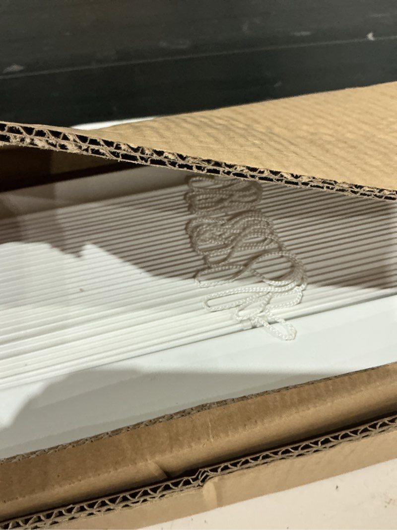 Condition photo showing As Is for lotus & windoware cordless, 2 inch faux wood blind, 35" wide x 54" long, window blinds, blinds & shades, blinds for indoor windows, embossed, bright white