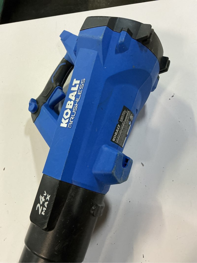 Condition photo showing As Is for kobalt 24-volt 410-cfm 100-mph battery handheld leaf blower battery not included charger not included khb 4124b-03