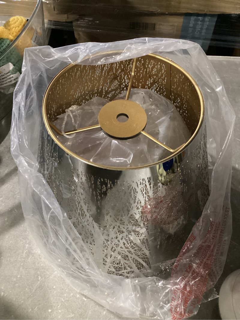 Condition photo showing Good Condition for Small Lamp Shade, ALUCSET Barrel Metal Lampshade with Pattern of Trees for Table Lamp and Floor Light, Top Diameter 6 X Bottom Diameter 10 X Height 7.5 Spider Metal Black/Gold