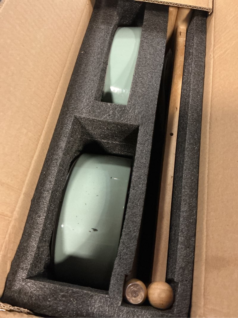 Condition photo showing As Is for ceramic raised slow feeder dog bowl set, elevated 7.3inch bowl and 8.2inch puzzle slow dish with wooden stand for medium and large dog, anti-gulping (2x light green+ stand) 8.2inch 2 x light green+stand-a