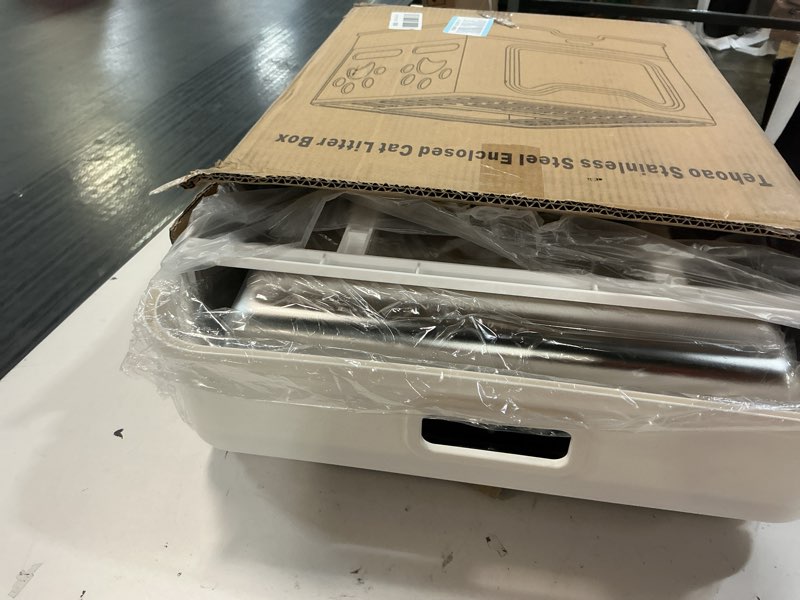 Condition photo showing New/Like New for enclosed cat litter box with lid top exit covered metal stainless steel litter box leak proof & odorless easy to clean including cat litter scoop and litter mat gray one size