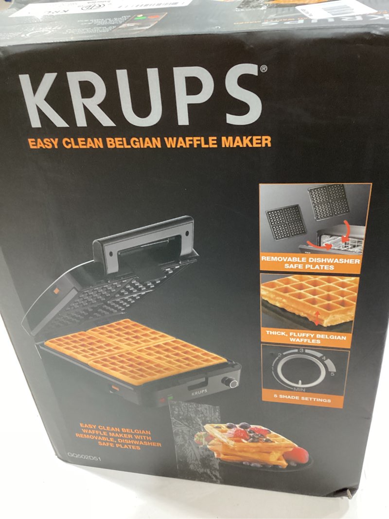 Condition photo showing As Is for KRUPS 4-Slice Belgian Waffle Maker: Stainless Steel, 5 Browning Levels, Audible Ready Beep, Removable Plates, 1200W, Silver/Black, Large Waffle Maker Family Size, Great for Family Breakfasts