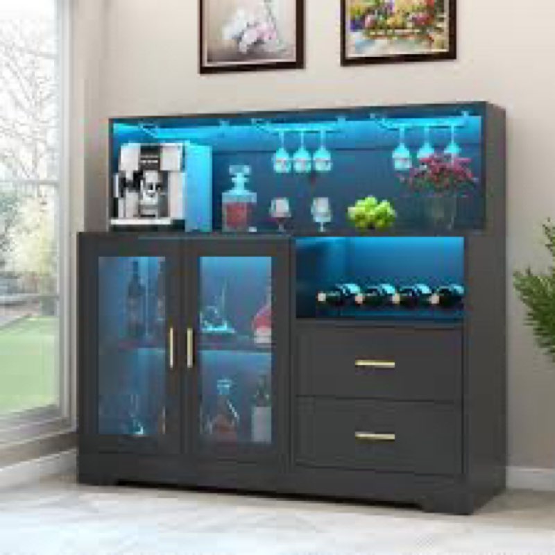 Heugel Wine Bar Cabinet with LED Light, Home Coffee Cabinet with Wine and Glass Rack