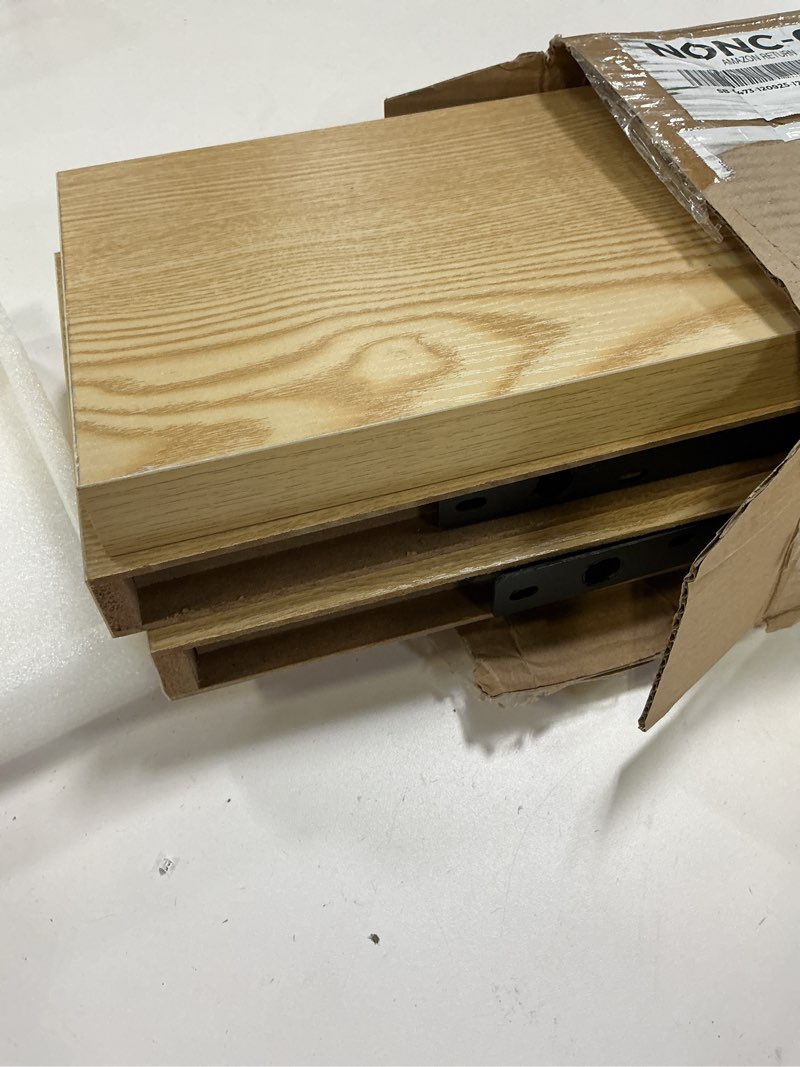 Condition photo showing Good Condition for BAYKA Floating Shelves for Wall, 22.5 inches Wall Mounted Rustic Wood Shelves for Bathroom, Bedroom, Living Room, Floating Shelves for Books/Storage/Decor (Light Oak-Toned,Set of 3) F. Oak-toned - Mid-century Revival Style(mdf Material) 22.5inches