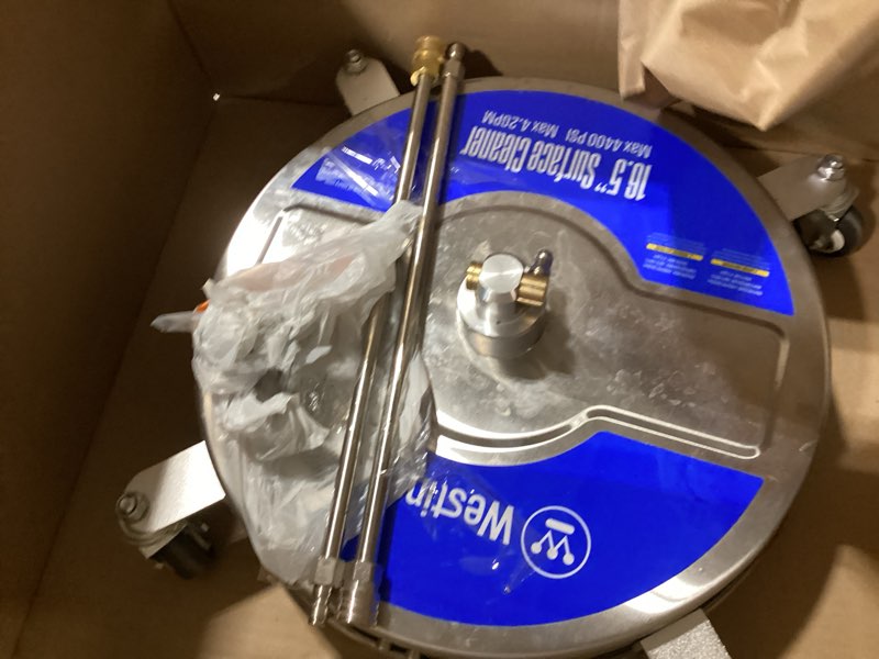 Condition photo showing As Is for westinghouse universal 16.5” pressure washer surface cleaner attachment - stainless steel - 4400 max psi, 1/4” connector - for gas and electric pressure washers 16.5" stainless steel surface cleaner