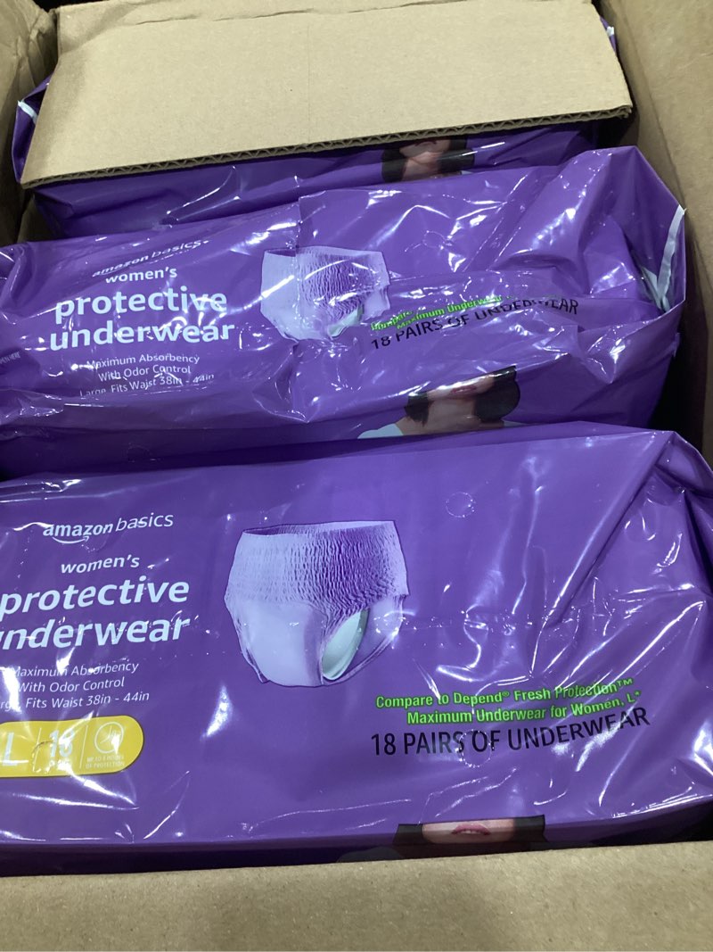 Condition photo showing Good Condition for amazon basics postpartum incontinence underwear for women, maximum absorbency with bladder leak protection, fresh protection, disposable, large, lavender, 18 count large 18.0