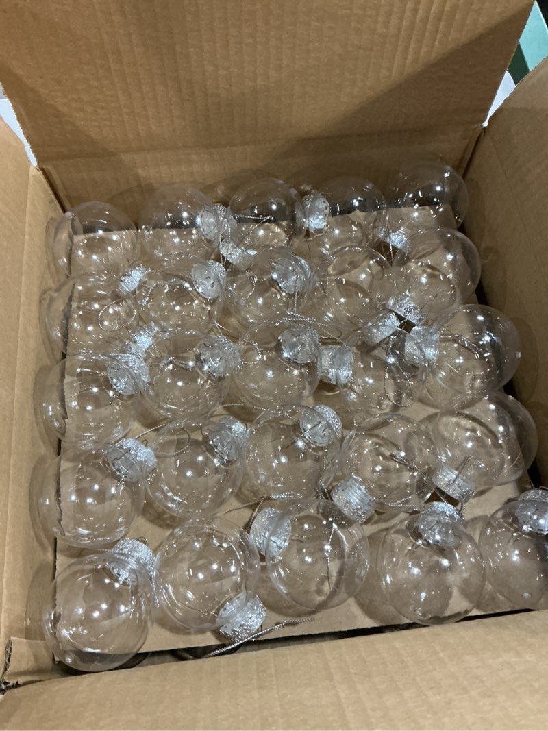 Condition photo showing New/Like New for ANVAVO 50 Pieces 2.36 Inch Christmas Round Clear Plastic Ball Ornaments Bulk Removable Top Transparent Hanging Ornaments Ball DIY Fillable Clear Baubles for Xmas Tree Home Party Decor 50 6 cm