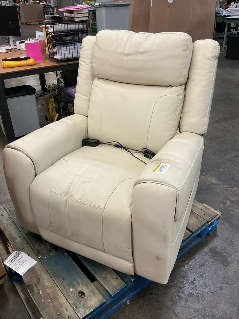 Condition photo showing As Is for rhea dual motors cream genuine leather wall hugger power recliner with cup holders, side pockets, usb&type-c ports