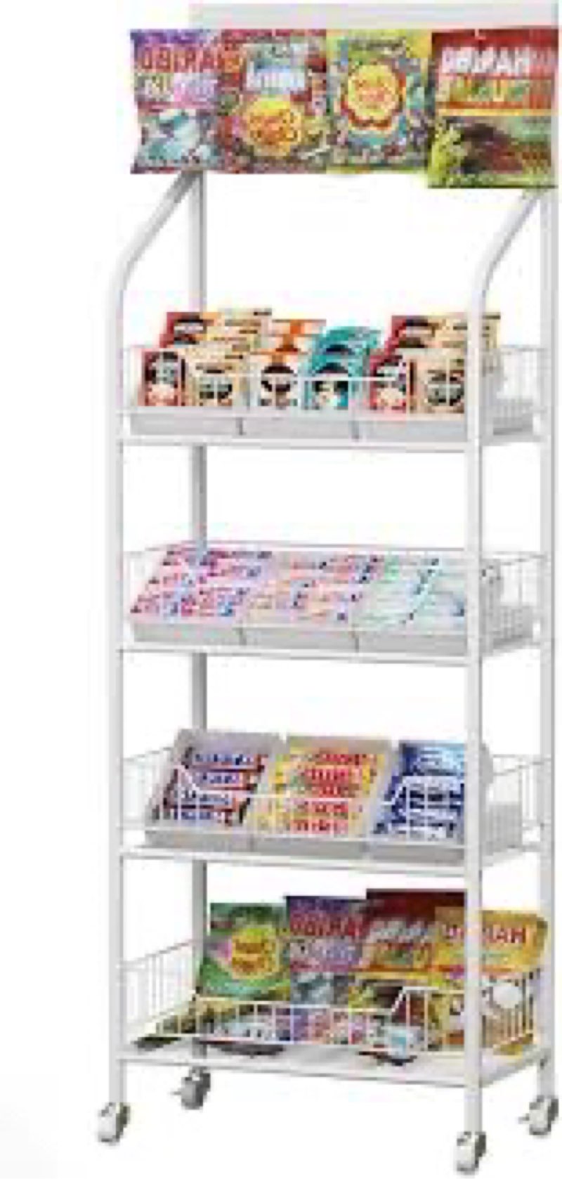 lesolar retail snack rack display stand with 4 wheels and 10 hooks, 4 tier candy chip holder display