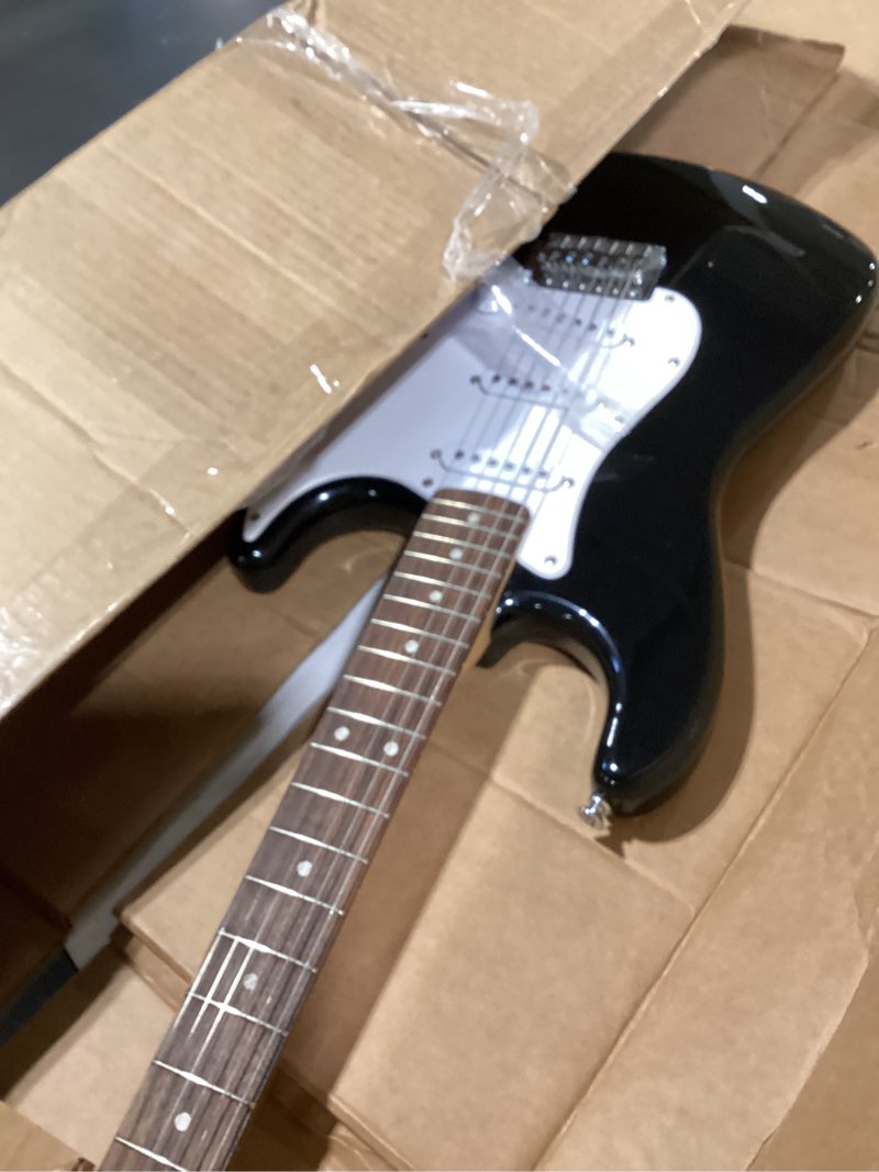 Condition photo showing Good Condition for fender squier debut series stratocaster electric guitar kit, beginner guitar kit, with 2-year warranty, with padded gig bag, frontman 10g amp, strap, and more, includes free lessons, black black full size