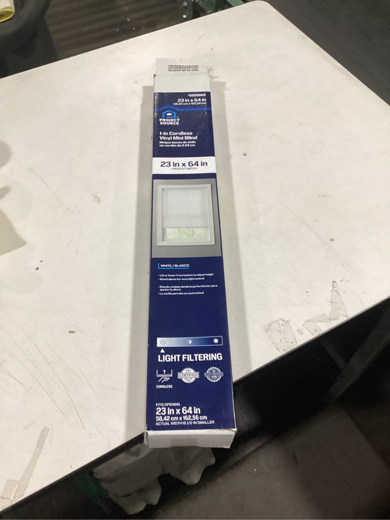 Condition photo showing As Is for Project Source 1-in Slat Width 23-in x 64-in Cordless White Vinyl Light filtering Mini-blinds