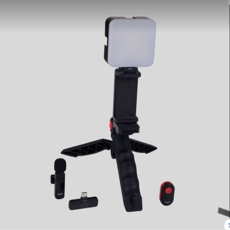 onn portable led video light kit with tripod grip, smartphone holder & bluetooth remote for vlogging, streaming, and photography