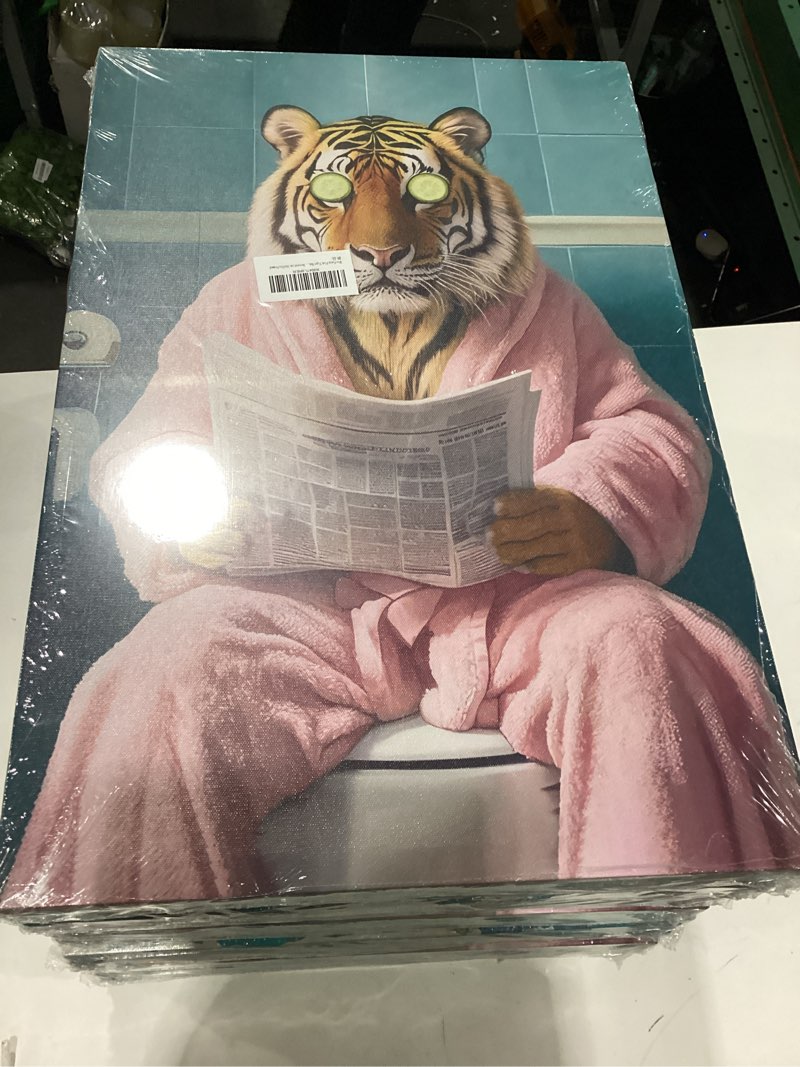 Condition photo showing New/Like New for 3pcs funny tiger bathroom canvas wall art trendy preppy tiger bathroom wall decor prints fashion sunglasses animal toilet paintings pictures for washroom toilet home decoration 12x16in framed canvas 16l"x12w"