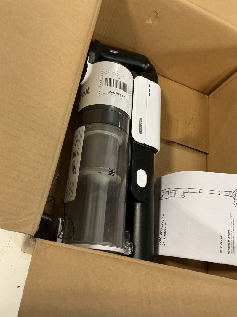 Condition photo showing As Is for levoit cordless vacuum cleaner, stick vac with tangle-resistant design, up to 50 minutes, powerful suction, rechargeable, lightweight, and versatile for carpet, hard floor, pet hair, lvac-200 arctic white lvac-200 essential