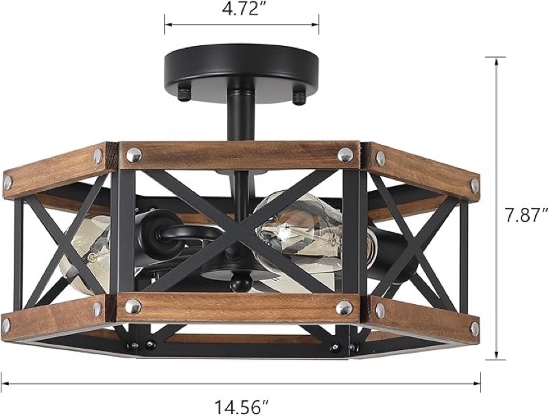 Similar to 3-Light Rustic Farmhouse Wood Flush Mount Ceiling Light Fixture 14.5 inch Oak Wood and Metal Hexagon Cage Semi Flush Mount Ceiling Light for Hallway Hall Entry Bedroom Kitchen Farmhouse, Black