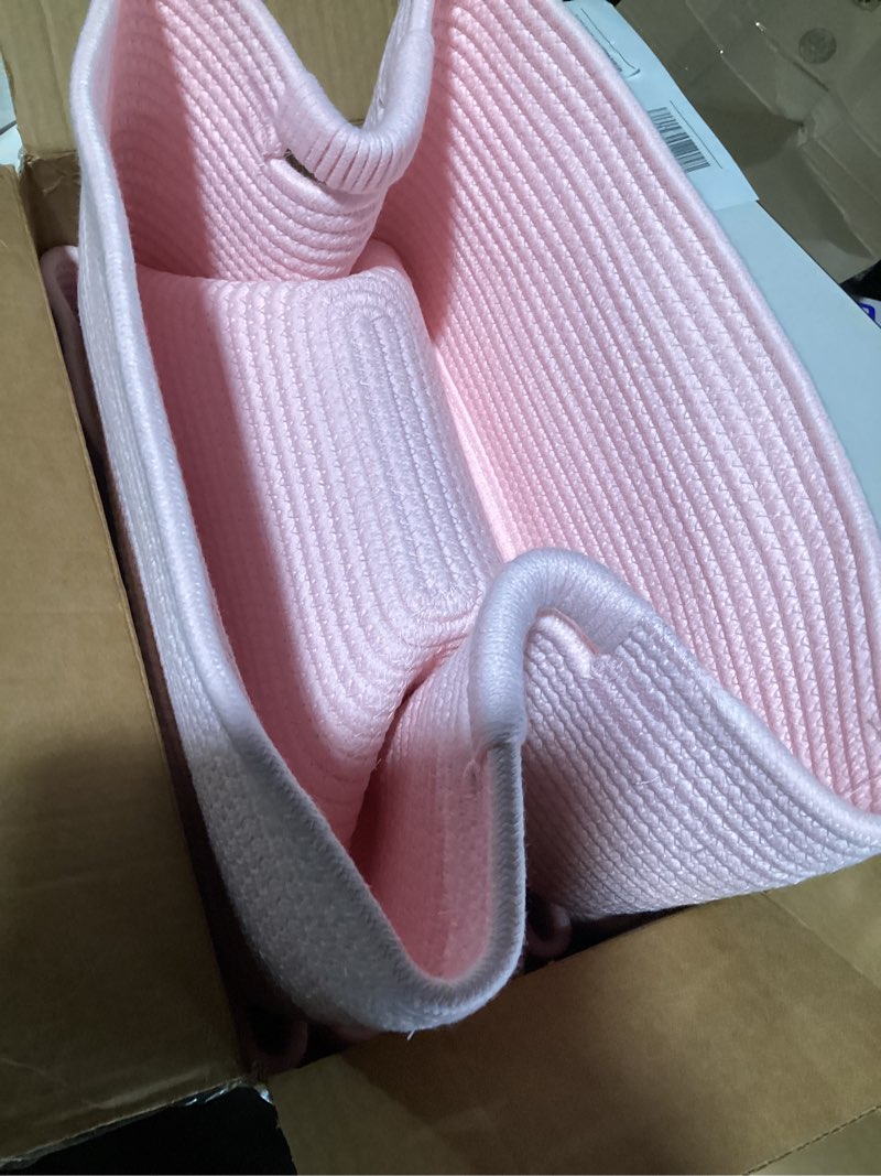 Condition photo showing As Is for 4 Pack Large Storage Basket for Organizing, 17.5"x13.5"x7.5" Woven Basket for Shelves, Closet Cube Storage Bins with Wrapped Handle, Cotton Rope Baskets for Kitchen, Clothes, Toys(Light Pink) Light Pink 4 Pack