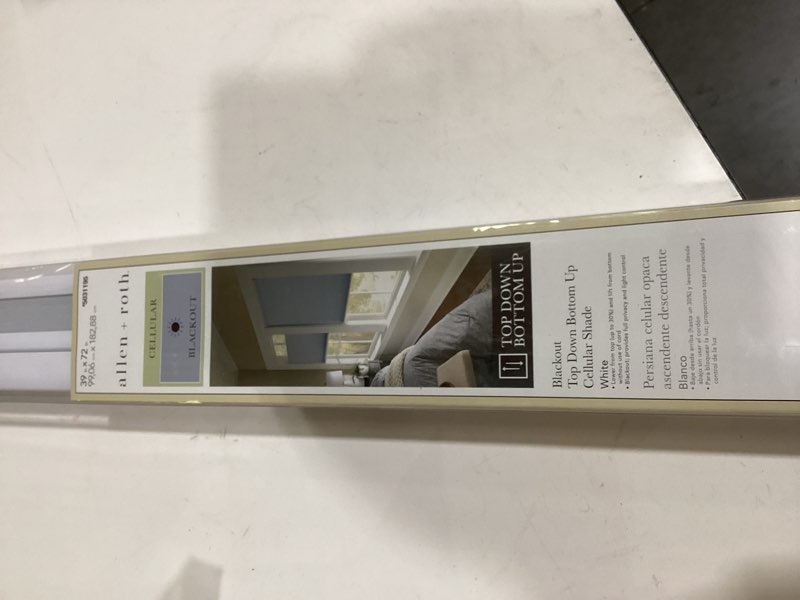 Condition photo showing As Is for allen + roth 39-in x 72-in white room darkening blackout cordless top-down/bottom-up cellular shade