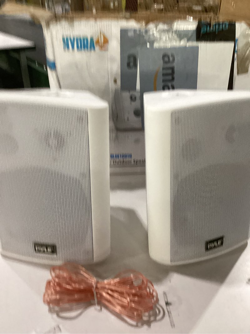 Condition photo showing As Is for NOT TESTED Pyle Wall Mount Bluetooth Home Speaker System - Active + Passive Pair, Wireless, Water-resistant, Stereo Sound, AUX IN (White) Pearl 5.25\"