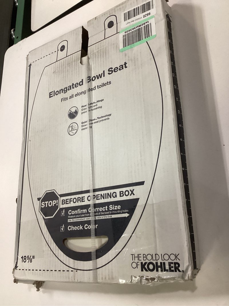 Condition photo showing New/Like New for KOHLER 57777-WCF-0 Cymbal Readylatch Quiet-Close Elongated Toilet Seat, Soft Close Toilet Seat, Flexible Core Flex Material, Wider Toilet Seat Surface, White