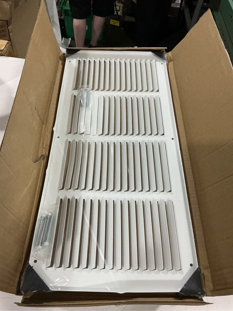 Condition photo showing As Is for fits 20x8 duct opening stamped steel return air grille vent cover grille for sidewall and ceiling in white surface dimensions: 21.75"w x 9.75"h (20" w x 8" h duct opening)