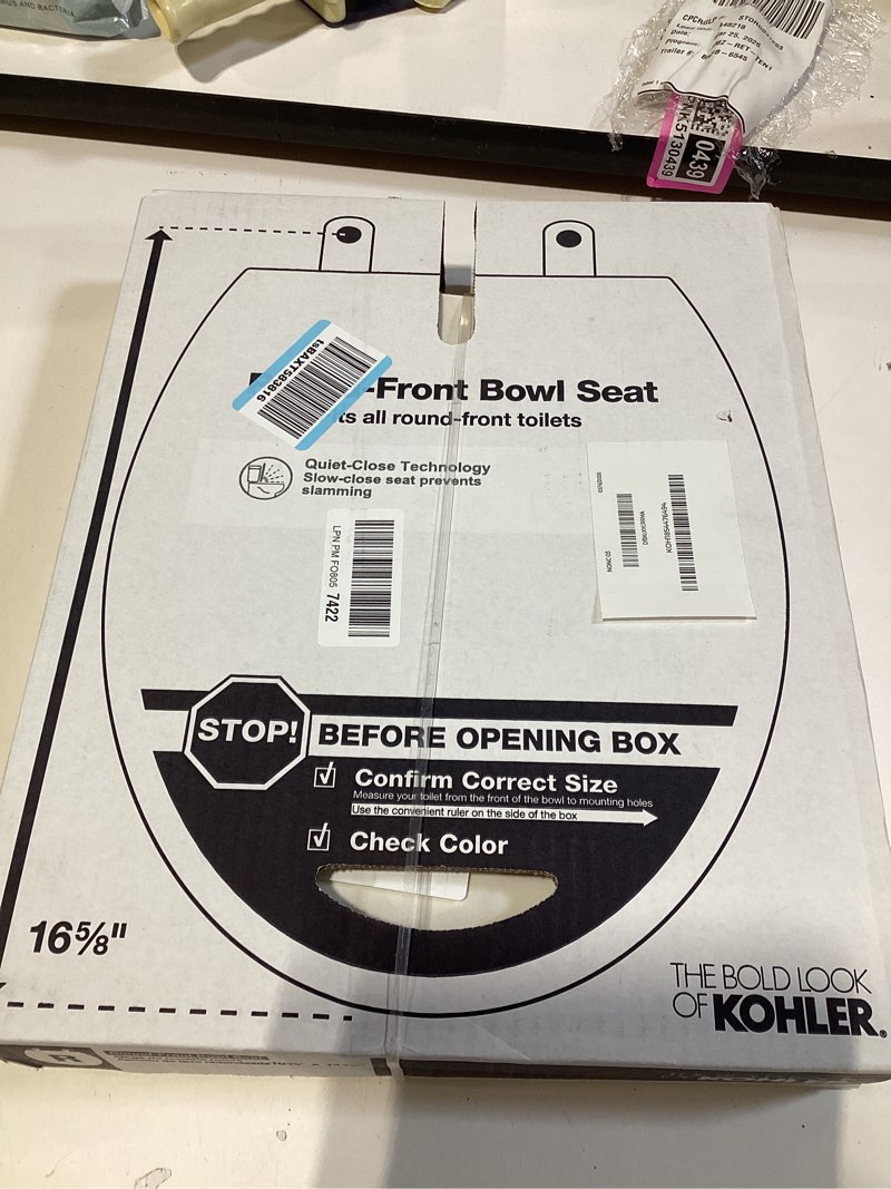 Condition photo showing New/Like New for kohler 4639-rl-96 cachet readylatch round toilet seat soft close, biscuit biscuit round ready latch