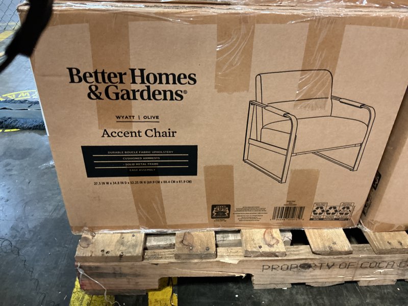 Condition photo showing New/Like New for better homes & gardens wyatt accent chair, olive green bouclé