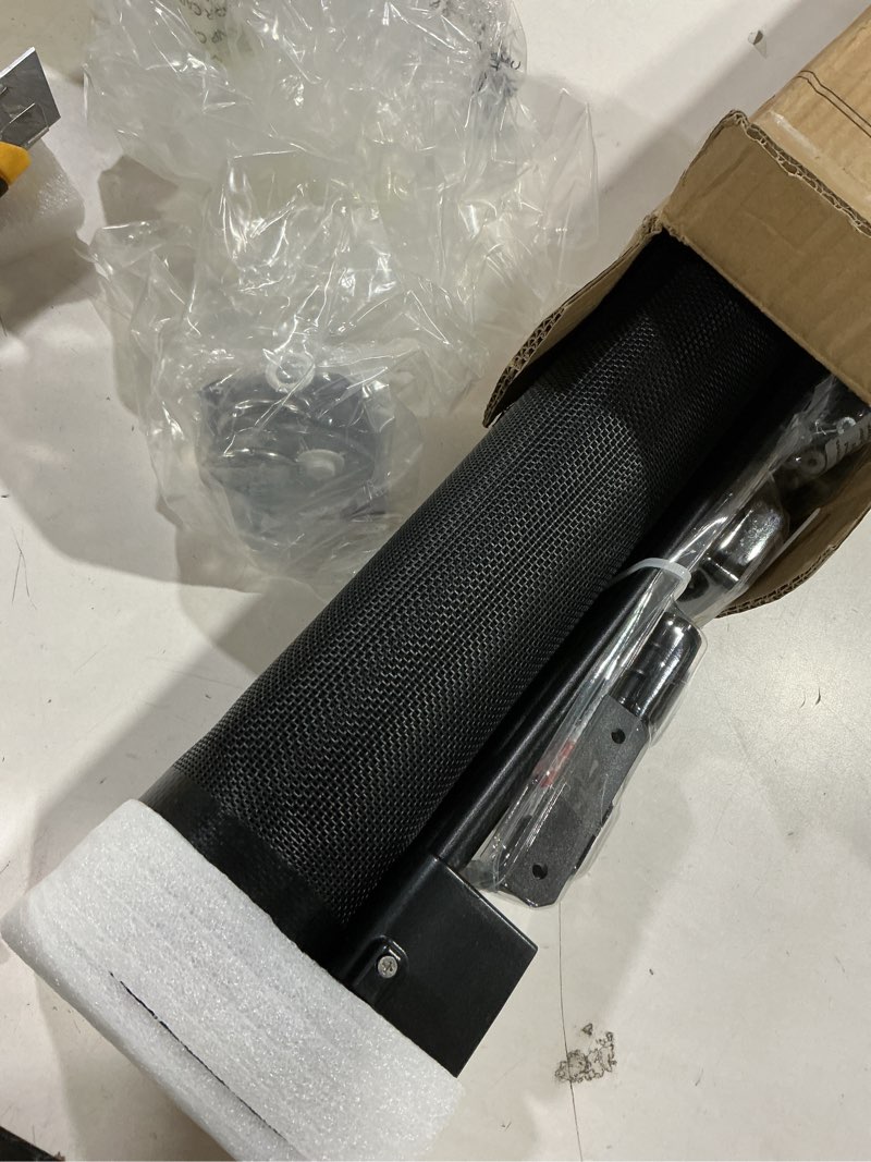 Condition photo showing As Is for 100 inch retractable baby gates 34 inch tall, retractable gate with reinforced strip design to prevent crawling through, 8 ft extra wide retractable dog gate for indoor/outdoor black 34" tall x 100" wide