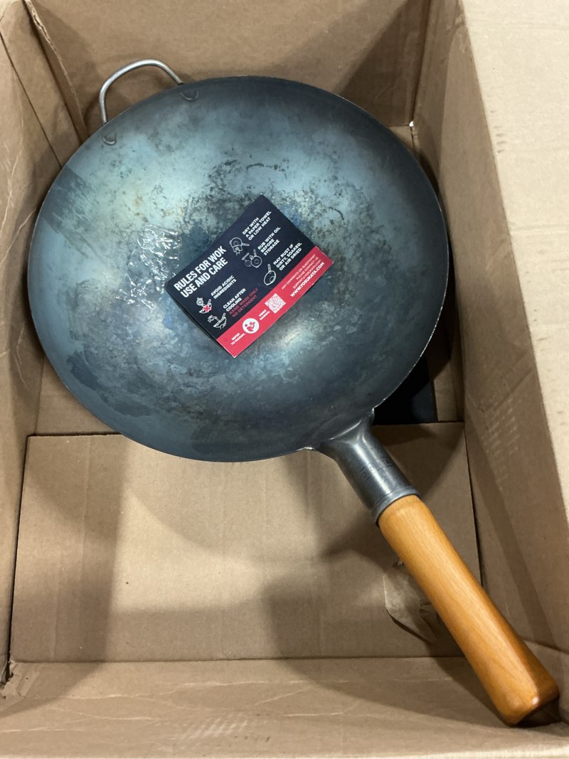 Condition photo showing As Is for yosukata 14" carbon steel wok with round bottom – pre-seasoned pow wok for stir fry – traditional chinese japanese black steel pan – outdoor cookware for gas stovetops, open fire, bbq, camping