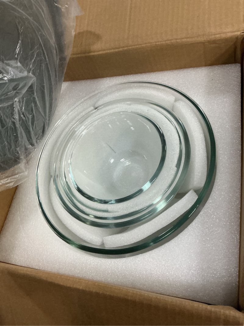 Condition photo showing Good Condition for glass mixing bowls with lids set of 5(4.78qt,2.2qt,1.7qt,1.1qt,0.85qt),thick glass nesting bowls for kitchen baking,cooking prep,storage,serving,large salad bowls,dishwasher microwave freezer safe transparent