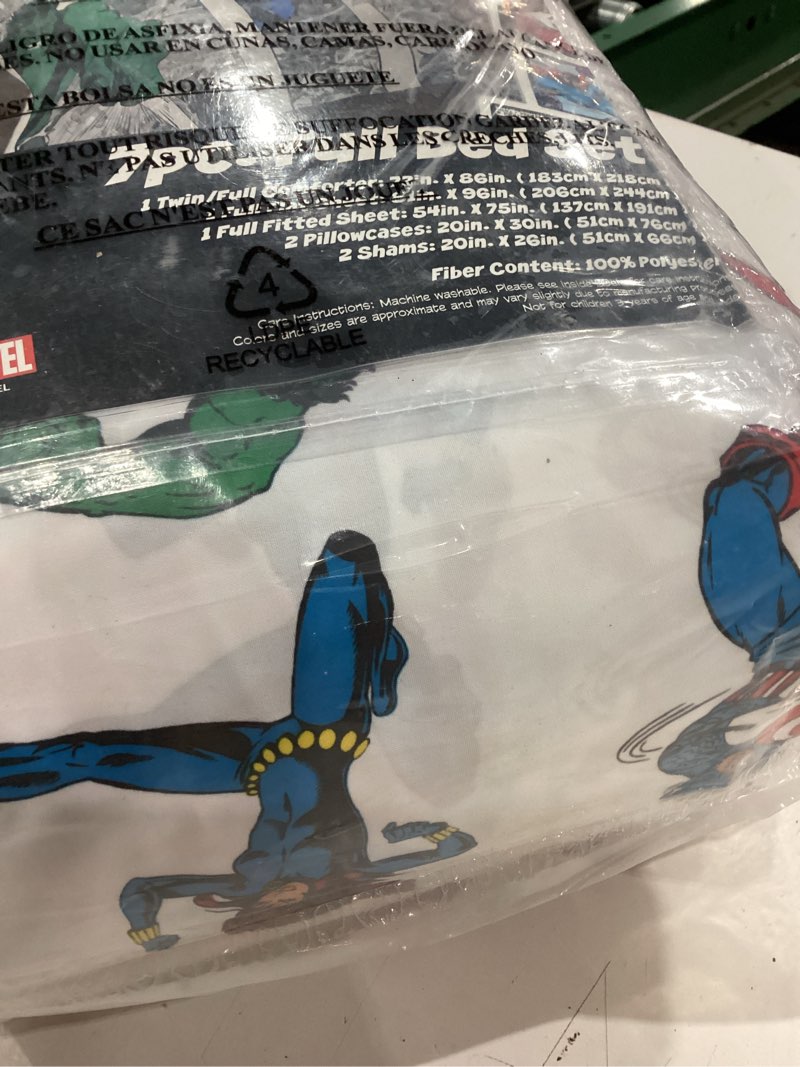 Condition photo showing As Is for jay franco marvel avengers comic cool 7 piece full bed set - includes comforter & sheet set - bedding features captain america, spiderman, iron man, hulk, & thor - super soft 7 piece full multi - avengers