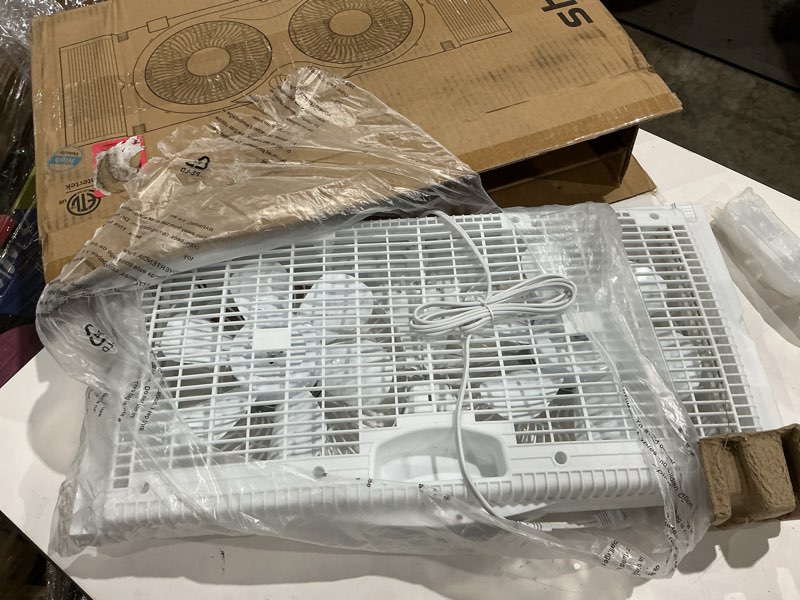 Condition photo showing As Is for shinic 9" twin window fan with reversible airflow – quiet exhaust & intake, independent control dual fan, expanders for 23.8"-37" window, vertical/horizontal for sliding window, for home kitchen