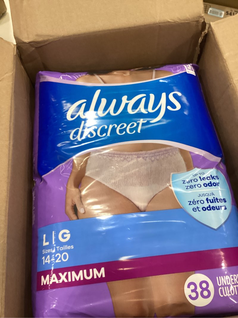 Condition photo showing Good Condition for Always Discreet Adult Incontinence Underwear for Women and Postpartum Underwear, Large, Up to 100% Bladder Leak Protection, 76 Count (2 Packs of 38) Large 76