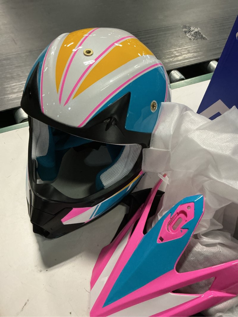 Condition photo showing Good Condition for kids dirt bike helmets youth motorcycle helmet, kids motorcycle full face helmet for off-road, atv, utv, street riding with goggles gloves, dot approved large pink