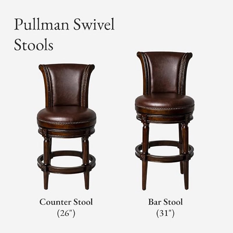 maven lane pullman bar stool 31 inches – set of 2 – swivel stools with footrest – brown solid wood frame & beige faux leather upholstery – perfect for bars, pub tables & tall kitchen counters