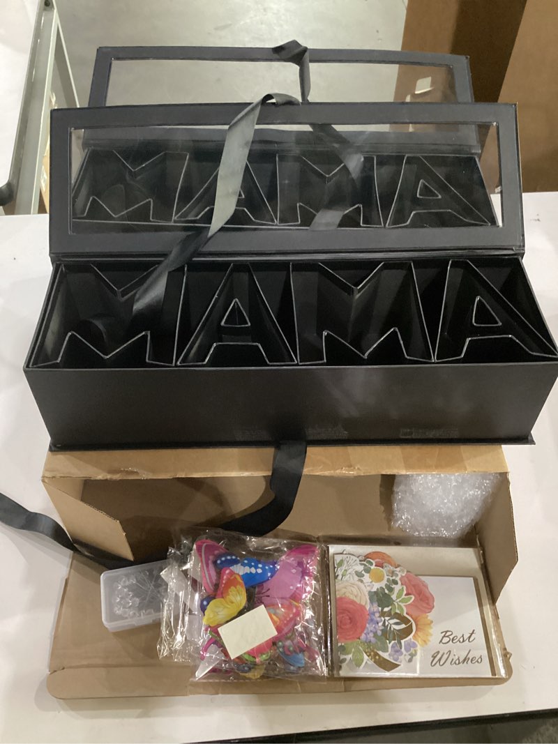 Condition photo showing As Is for gilprop 2 pack empty mom flower gift box for mother's day moms letter shaped empty bouquet box with 2 pcs 3d floral greeting card 24 3d butterfly 50 crystal pins for mother grandma(black,mama) black mama