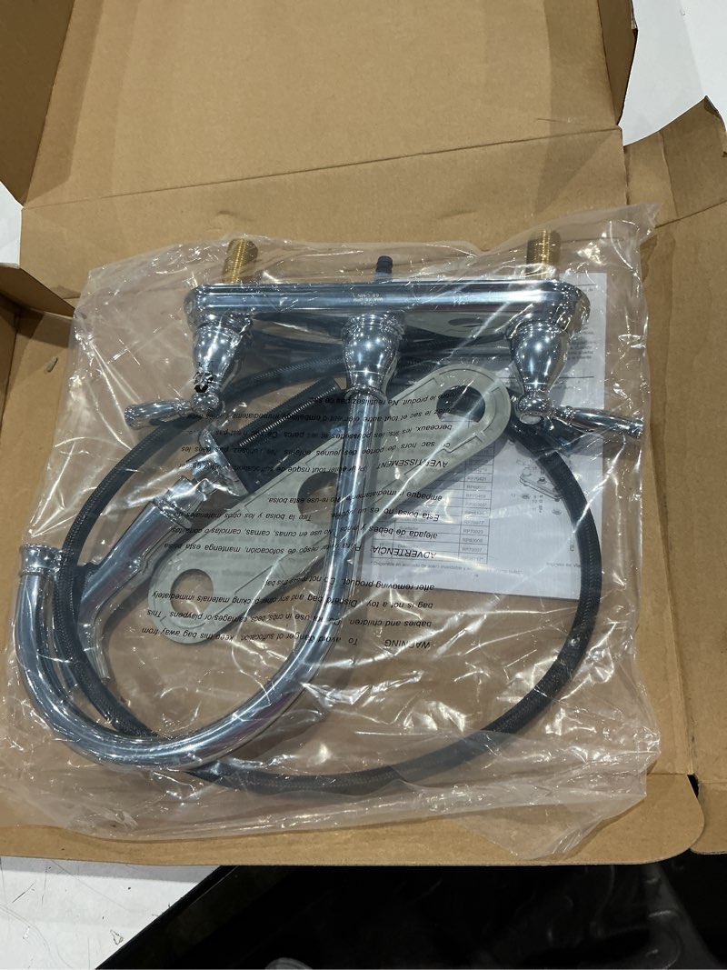 Condition photo showing As Is for project source brice polished chrome double handle deck-mount kitchen faucet ( deck plate included ) ( side sprayer included )