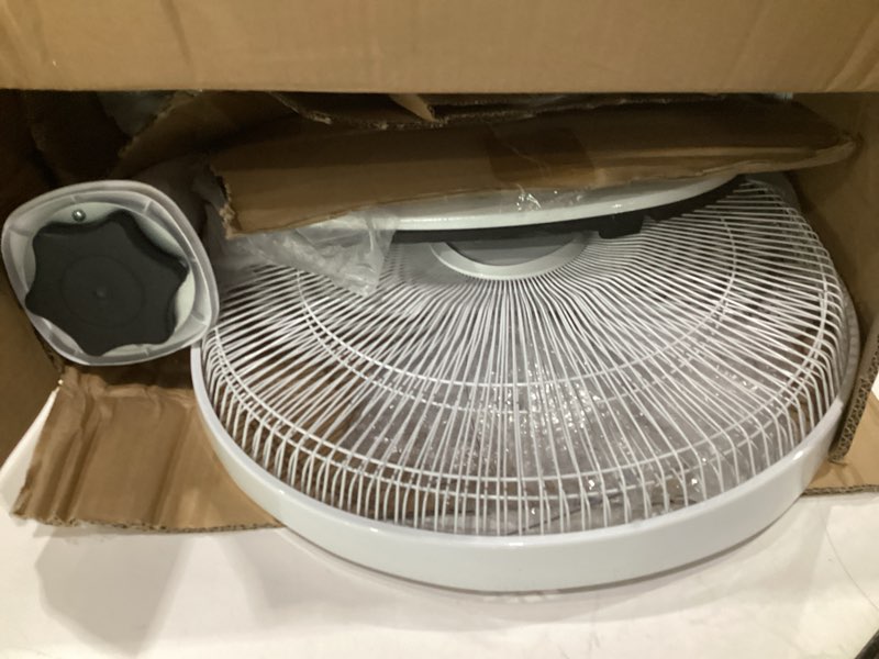 Condition photo showing As Is for (used)amazon basics 16\" dc motor standing floor fan, 12 speed with remote, 3 breeze modes, dual-layered blades (10 blades), timer, energy efficiency and quiet dc motor (28w), white 12-speed, dc motor