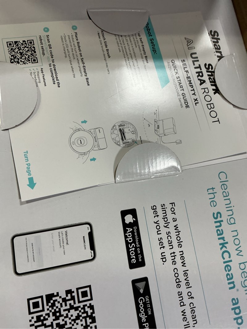 Condition photo showing New/Like New for Shark Robot Vacuum & Mop Combo, PowerDetect ThermaCharged NeverTouch Pro, Self-Emptying, Self-Refill with Heated Mop Cleaning, 60-Day Capacity, 30-Day Tank, 6 PowerDetect Technologies, White, AV2900XE